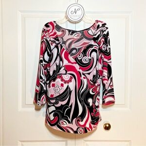 ABstudio Women’s Top Vintage 3/4 Sleeve Blouse V-Neck Crossover Red/Black Size M